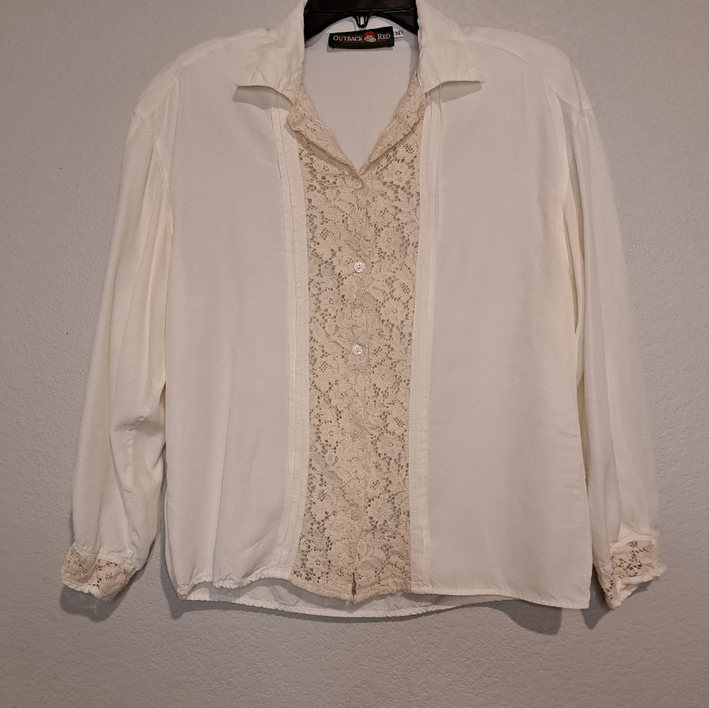 Outback Red button down shirt. Off white and beige lace. Size Medium